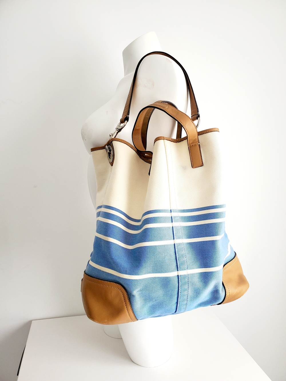 Coach Canvas Stripe Tote in Blue, Cream & Tan Leather F28806